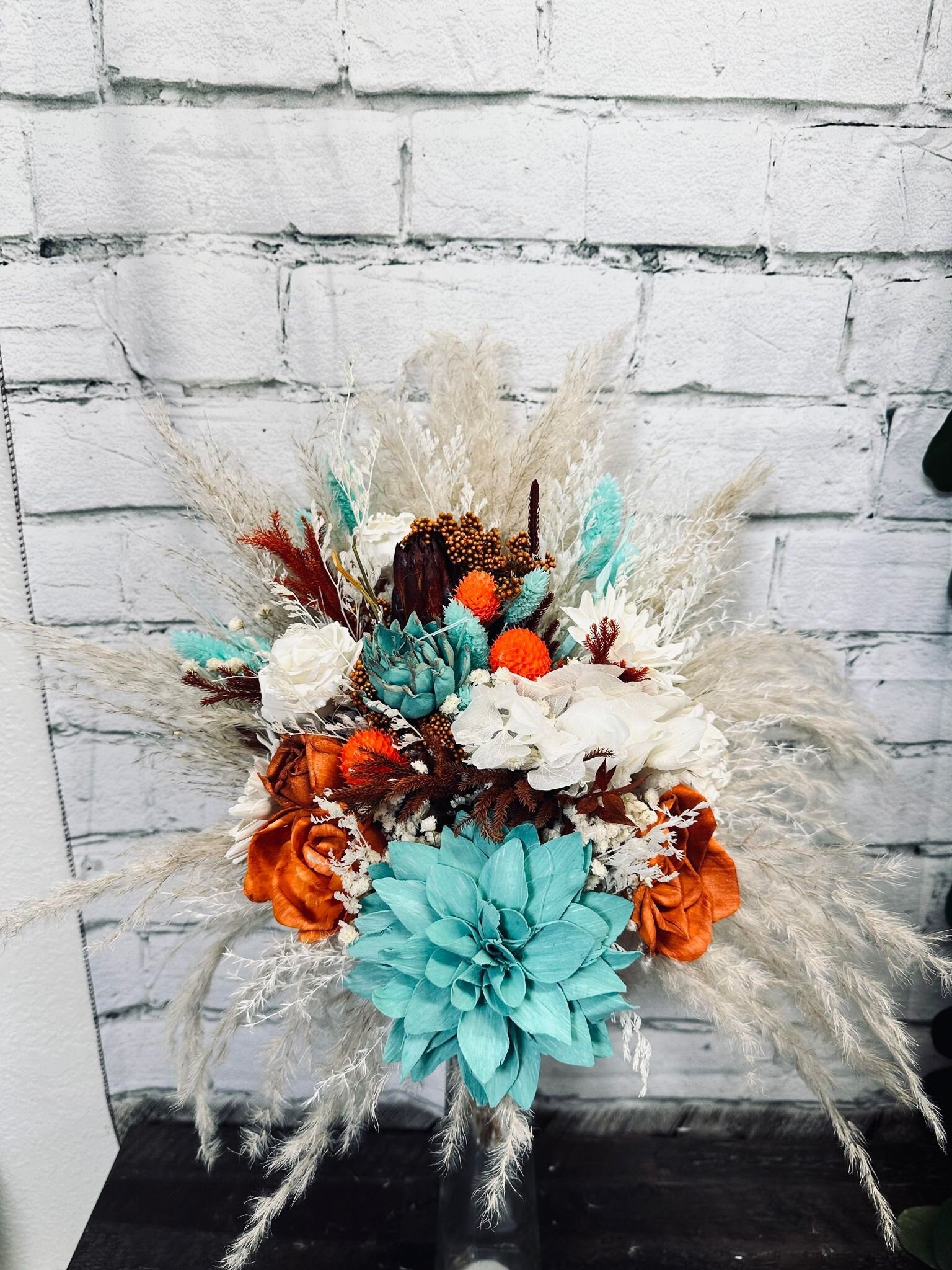 AQUA DELIGHT: Boho/ Aqua/ Ivory/ Wood Flowers/ Pampas/ Orange