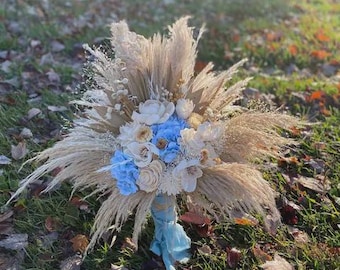 DAYDREAM: Wedding Bouquet-Boho, Baby Blue, Ivory, Pampas, Wood flowers, Pampas, Bunny tails, Wheat, DIY, Bridal, Bouquet, Hydrangeas