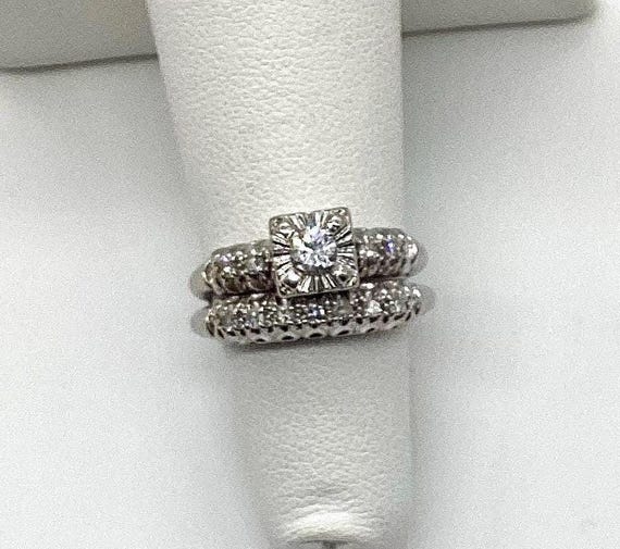 Estate Diamond Solitaire 14k White Gold Wedding R… - image 1