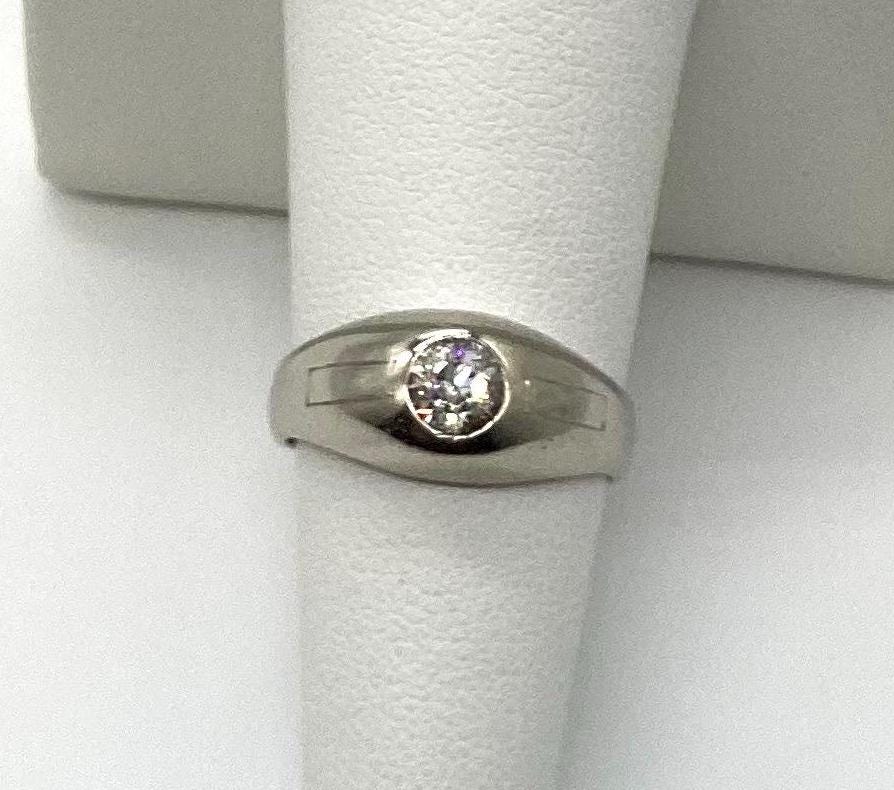 Antique European Cut Diamond Ring: 14k White Gold Bezel Setting