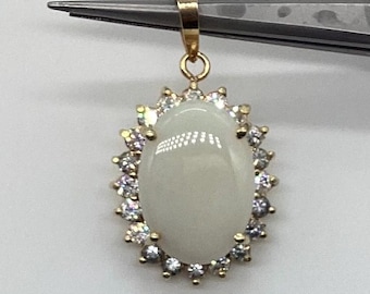 Vintage 14k Yellow Gold Opal Pendant with Cubic Zirconia Halo