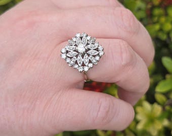 Vintage Diamond Cocktail Ring: 14k White Gold Floral Design, Size 8