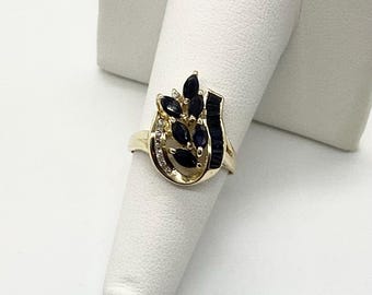 Vintage 14k Yellow Gold Sapphire and Diamond Ring - Size 7