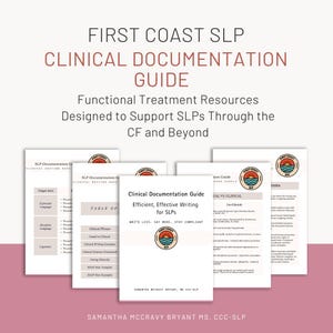 Puede incluir: Un conjunto de guías impresas en blanco, incluyendo "Clinical Documentation Guide" y "SLP Documentation Guide", diseñadas para apoyar a los logopedas. El texto incluye "First Coast SLP" y "Functional Treatment Resources".