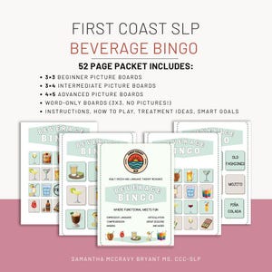 Könnte beinhalten: Ein Stapel Spielkarten für das Getränke-Bingo mit verschiedenen Getränkeillustrationen. Die Karten tragen den Text "Beverage Bingo" und enthalten Anfänger-, Mittel- und Fortgeschrittenen-Bildtafeln. Das Paket enthält Anweisungen und Behandlungsideen.