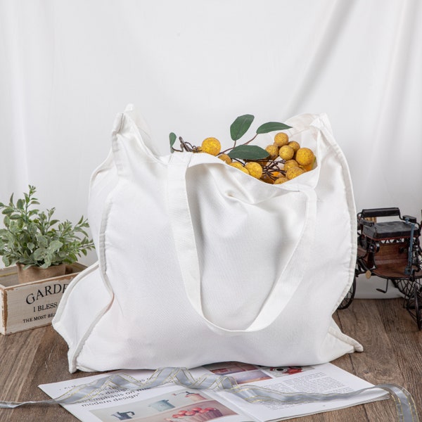 Reusable Grocery Bags - Organic Cotton Canvas  Grocery Shopping Bag, Extremely Sturdy and High Quality White Plain Tote Bag