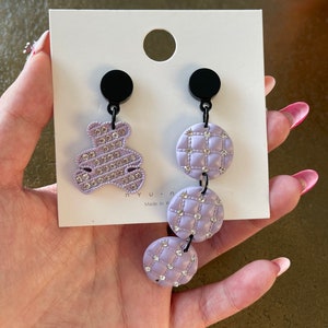Pendientes asimétricos Purple Crystal Bear, Bling Bling, Kpop Style, Pendientes Elegance, Sterling Silver Post, con pedrería, Shining