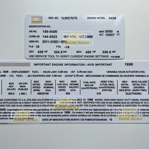 CAT 3406 1LW 14.6L Diesel Engine Valve Cover Sticker Decal 1998 CUSTOM