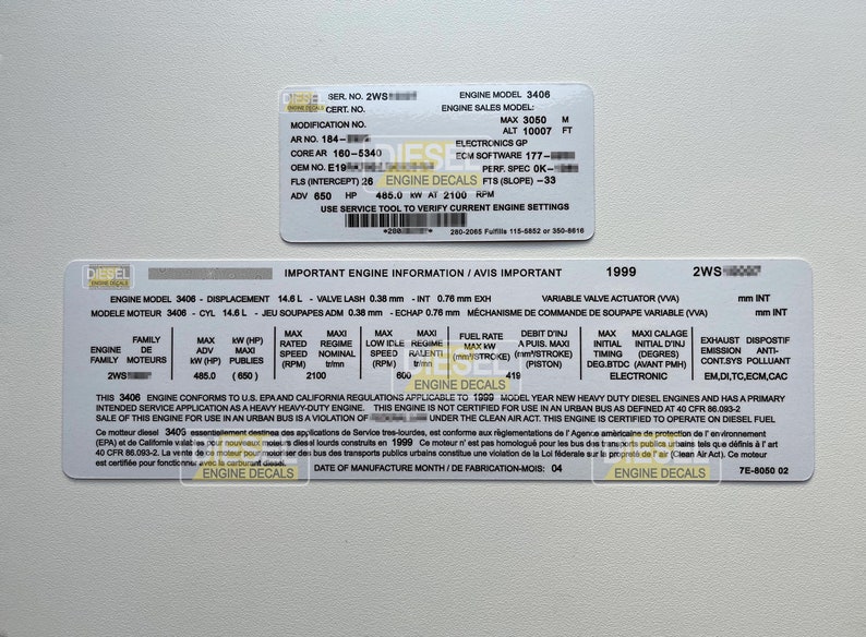 CAT 3406 2WS STREEPJESCODE 14,6 l dieselmotorklep sticker sticker 1999 CUSTOM afbeelding 1