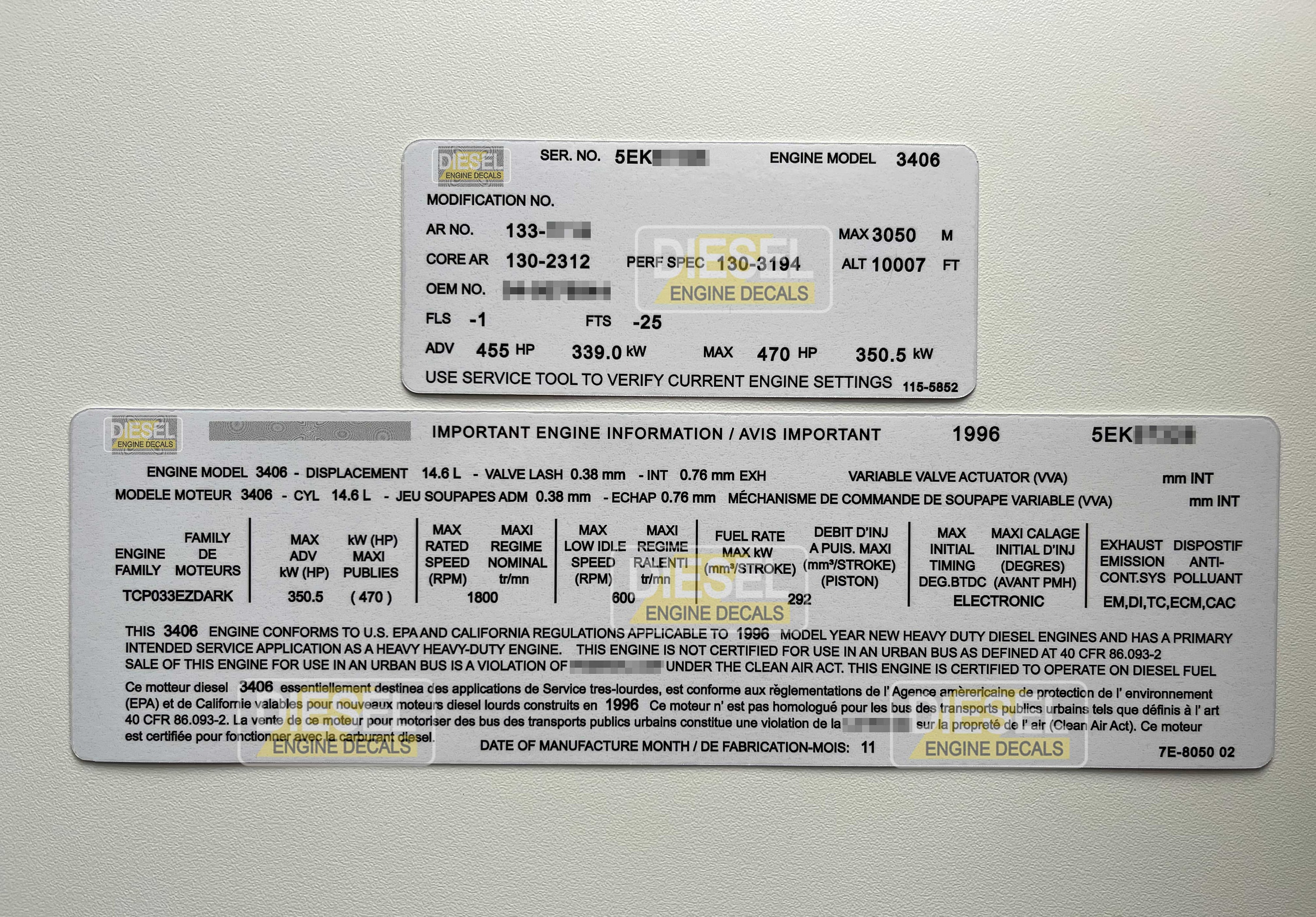 CAT 3406 5EK 14.6L Diesel Engine Valve Cover Sticker Decal 1996 CUSTOM