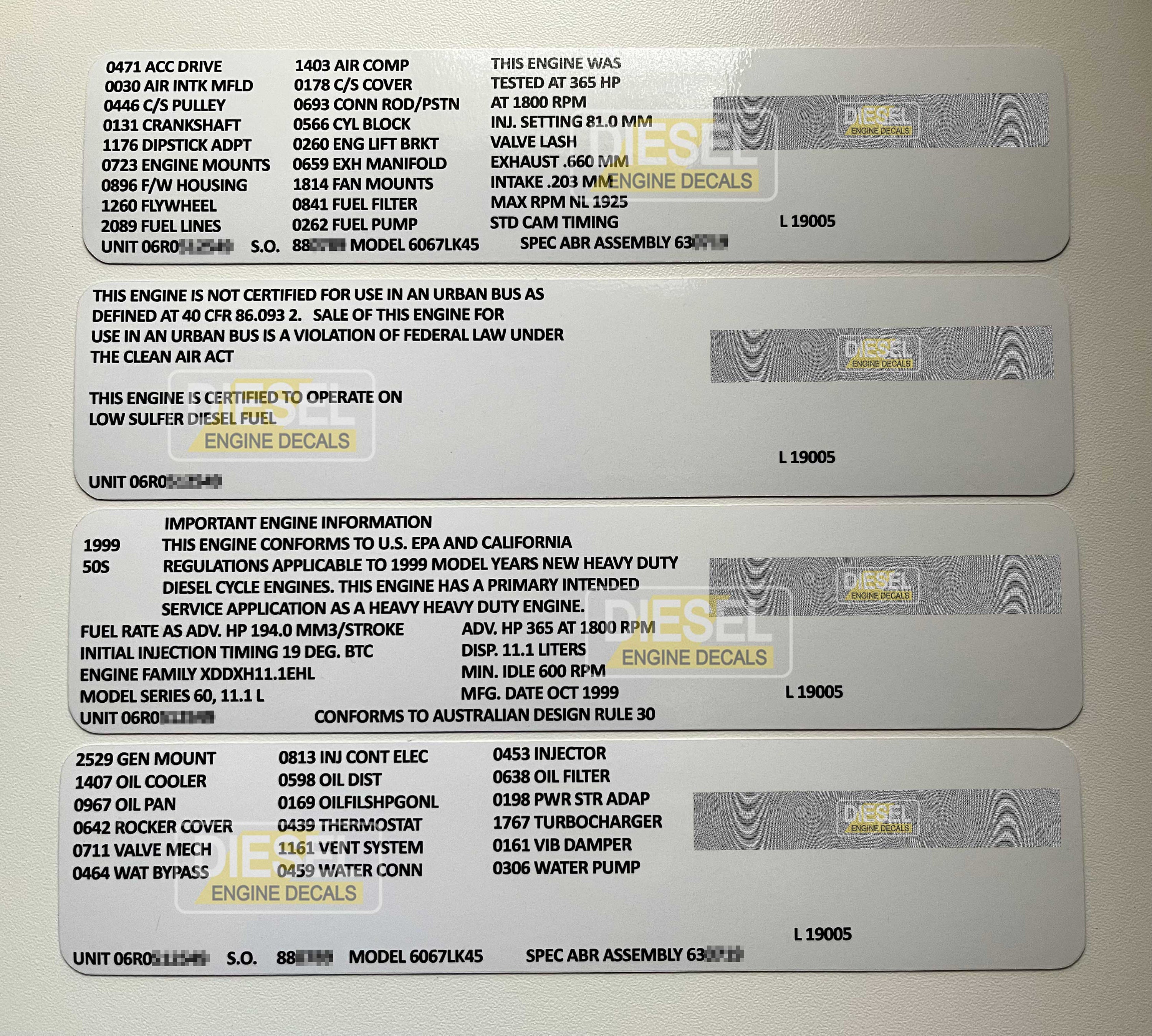 Detroit Diesel Series 60 11.1L Valve Cover Sticker Decal 1998 1999 CUSTOM