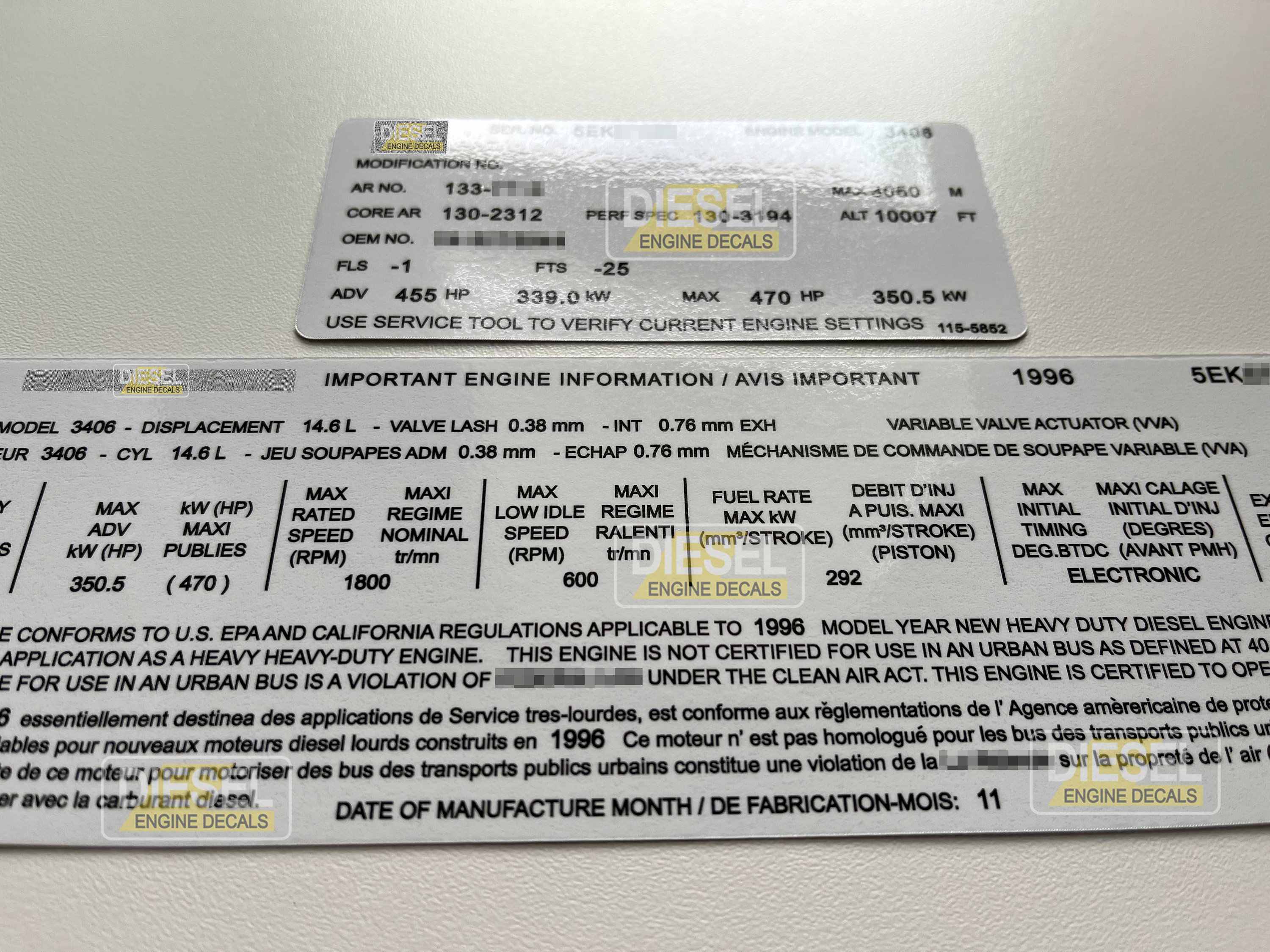 CAT 3406 5EK 14.6L Diesel Engine Valve Cover Sticker Decal 1996