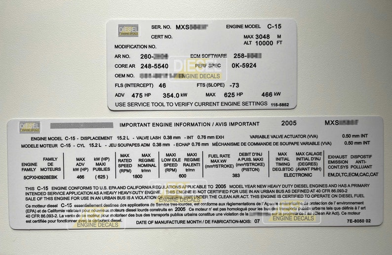 May include: A white engine information label with black text. The label includes the engine model, displacement, maximum horsepower, and other specifications. The label also includes the text "DIESEL ENGINE DECALS" and "IMPORTANT ENGINE INFORMATION/AVIS IMPORTANT".