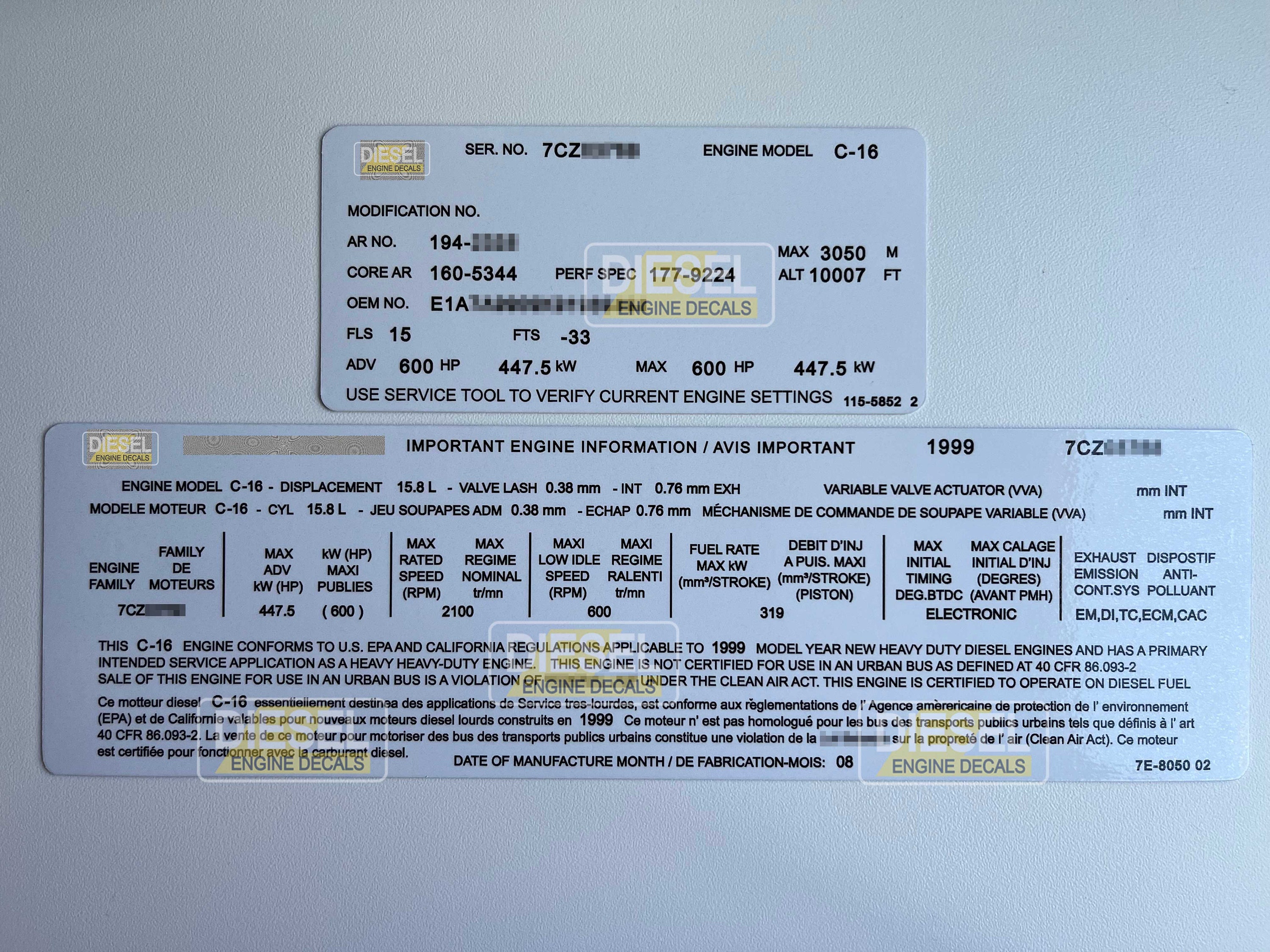 CAT C-16 7CZ 15.8L Diesel Engine Valve Cover Sticker Decal 1999