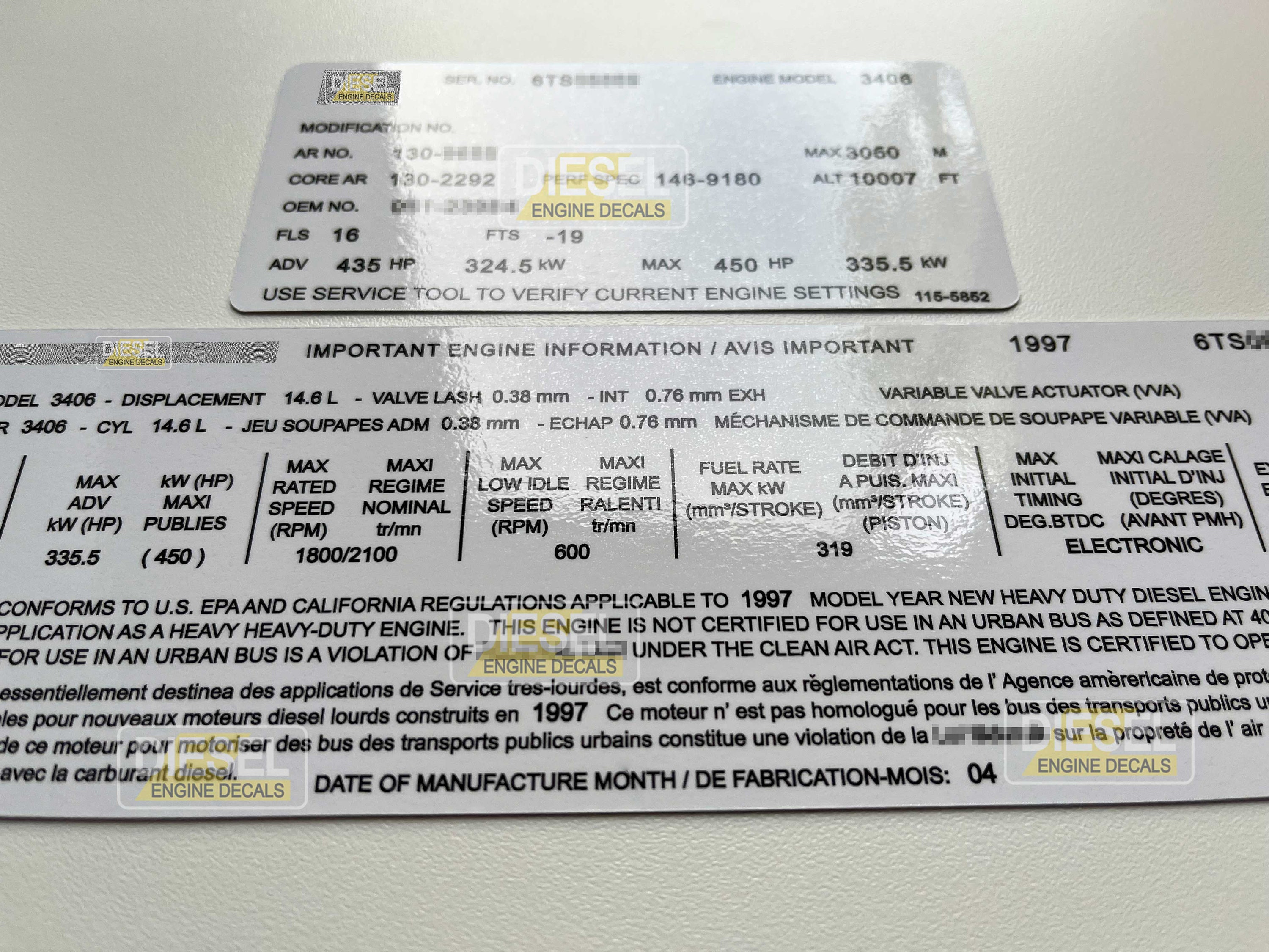 CAT C15 6TS 14.6L Diesel Engine Valve Cover Sticker Decal 1997 CUSTOM