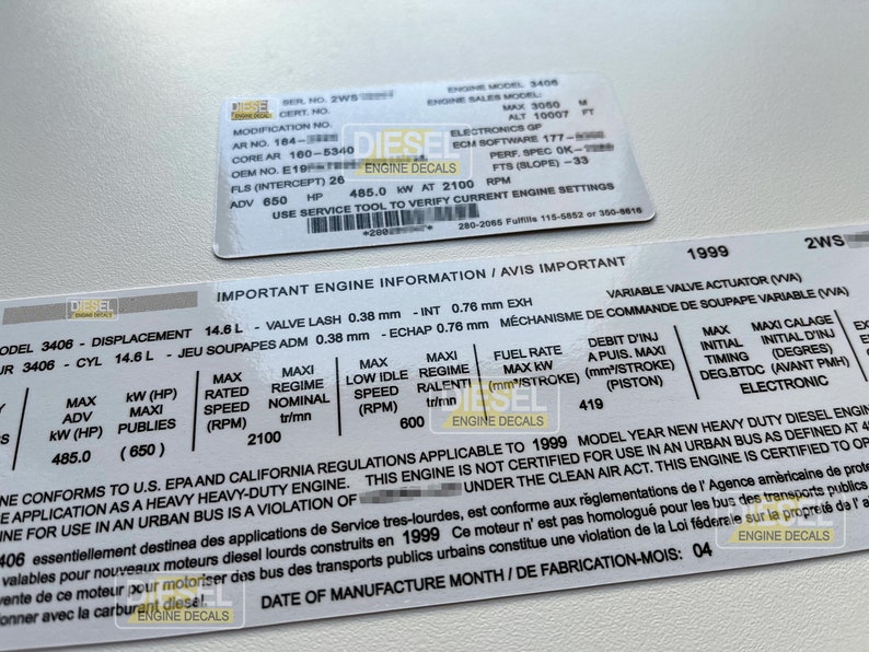 CAT 3406 2WS STREEPJESCODE 14,6 l dieselmotorklep sticker sticker 1999 CUSTOM afbeelding 2