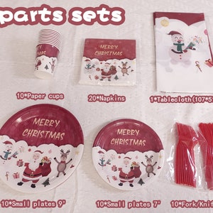 Christmas Décor Party Supplies Sets -Includes Disposable Christmas Plates Cups Napkins  and Cutlery