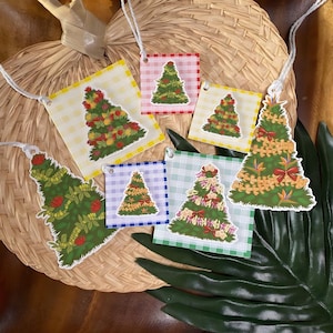Hawaiian Christmas Tree Folded Gift Tags | Lei Garland | Palaka Print | Puakenikeni | Plumeria | Ohia Lehua | Mokihana | 2&quot; x 2&quot; | 3&quot; x 3&quot;