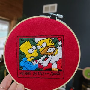 The Simpsons Christmas, Homer and Bart embroidery hoop art, 6 inch hoop