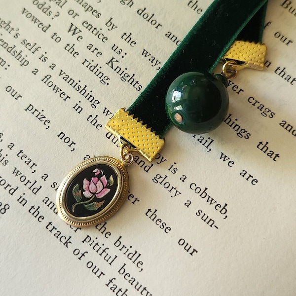 Victorian Pink Rose Charm Bookmark Dark Green Velvet Bookmark Handmade Upcycled Vintage Jewelry Repurposed Gift Ideas