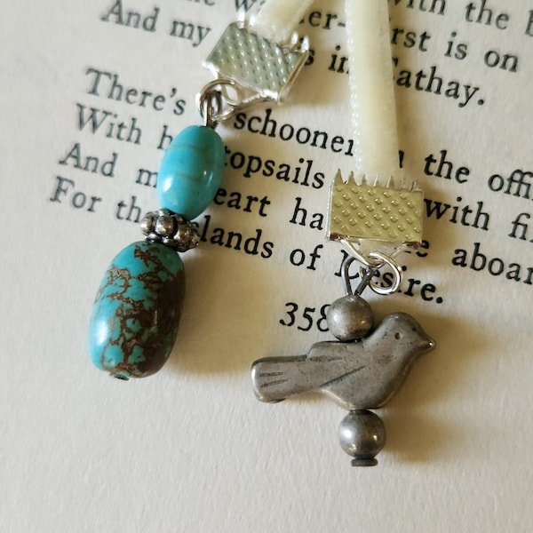 Silver Bird Turquoise Stones Charms Ivory Velvet Ribbon Bookmark Junk Journal Embellishments