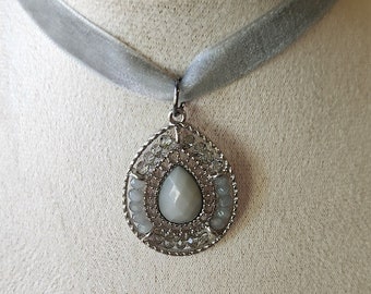 Elegant Beaded Pendant Necklace Choker Grey Velvet Ribbon Repurposed Vintage Jewelry Handmade Unique Gift Ideas for Her