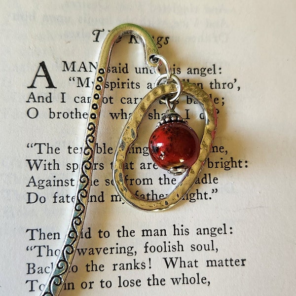 Red Charm Bookmarker Handmade Repurposed Vintage Jewelry Book Accessories Book Thong Silver Accents Page Marker Readers Gift