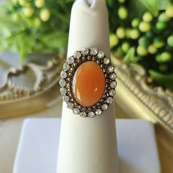 Dainty Coral Victorian Rhinestone Ring Handmade Repurposed Vintage Jewelry Edwardian Style Costume Jewelry Accessory Adjustable Band