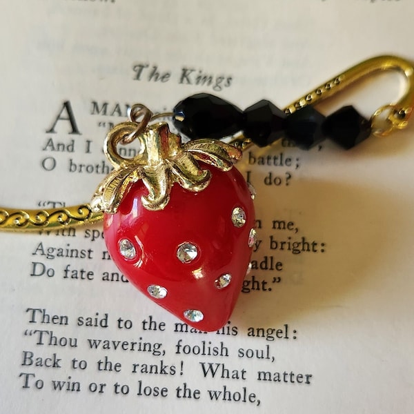 Avante Garde Strawberry Charm Bookmark Handmade Repurposed Jewelry Book Accessories Strawberry Collector Gift Rhinestone Glass Beads