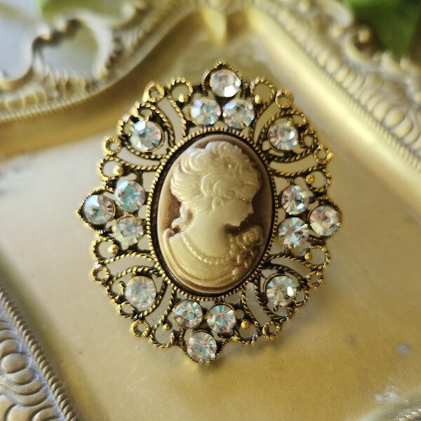 Victorian Rhinestone Cameo Ring Handmade Antique Bronze Repurposed Brooch Unique Statement Ring Vintage Gift for Her Adjustable