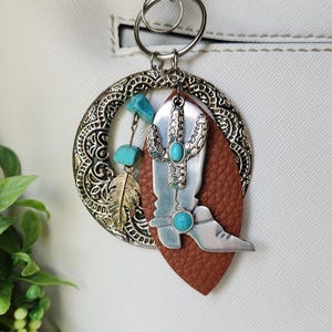 Western Cowboy Purse Charm | Handbag Clip | Vintage Jewelry | Cowgirl Boot | Gift Idea | Keychain | Turquoise Stone | Cactus Charm |Handmade