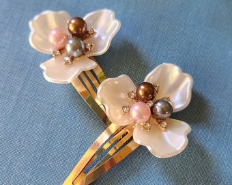 Pink Pearl & Rhinestone Flower Hair Clips Beautiful Dainty Repurposed Jewlery Hair Accessories Junk Journal Ephemera Barrettes