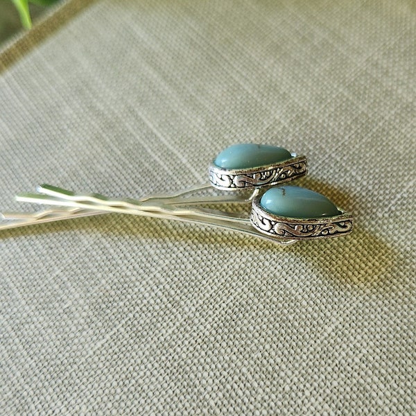 Vintage Turquoise Tear Drop Bobby Pins Handmade Vintage Jewelry Hair Accessories Silver Dainty Clips