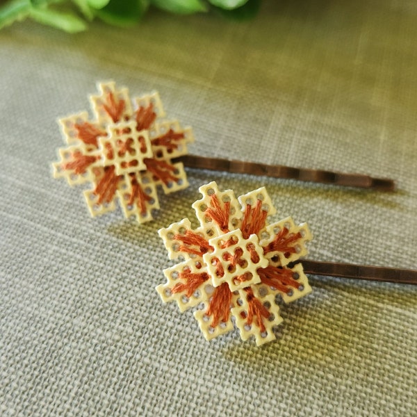 Cross Stich Orange Flowers Bobby Pin Hair Clips Jewelry Bookmarks Junk Journal Embellishments