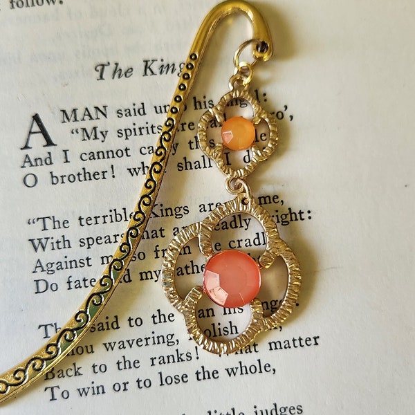 Coral Stone Vintage Gold Bookmarker Handmade Repurposed Jewelry Book Accessories Book Thong Gift for Mom Elegant Junk Journal Embellishments