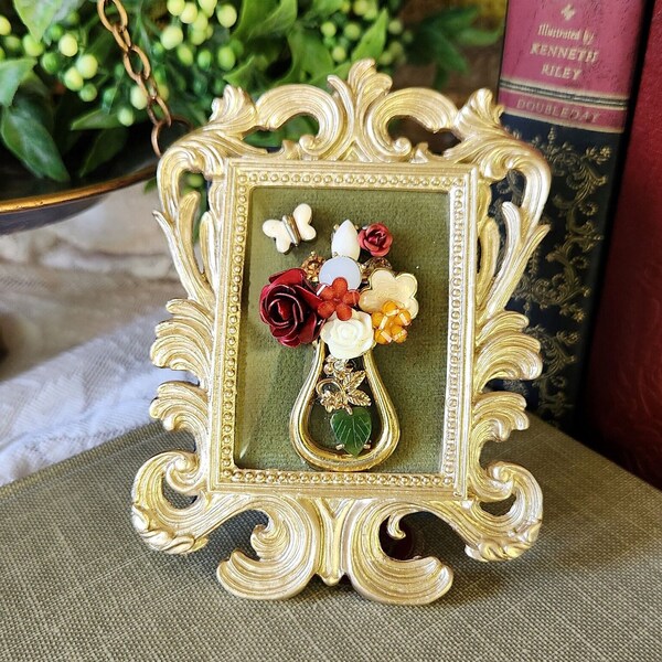 Framed Vintage Jewelry Art Butterfly and Flower Vase Handmade Upcycled Repurposed Vintage Jewelry Red Roses Jade Leaf Interior Wall Decor