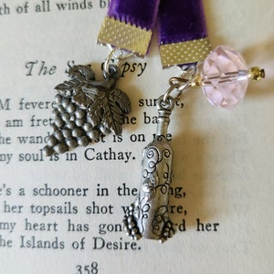 Wine Bottle & Grapes Bookmark: Purple Velvet Ribbon, Pewter Charms