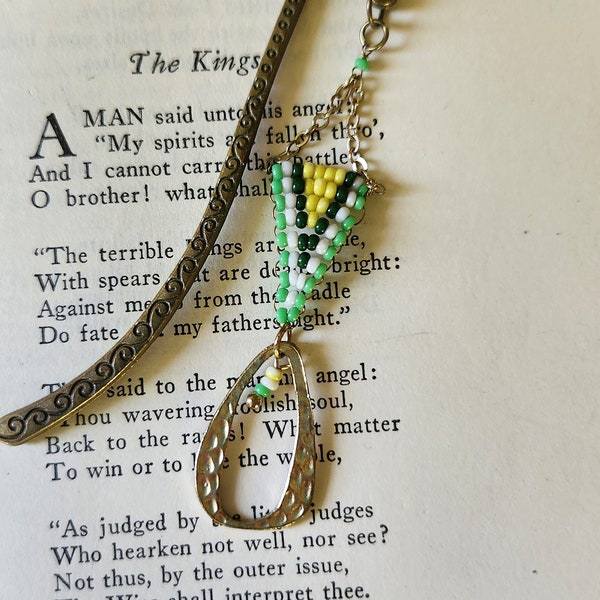 Green Yellow Beaded Bookmark Handmade Vintage Jewelry Earrings Book Accessories Dangle Chandelier Gift Idea for Reader Book Thongs