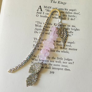 Angel Wings Metal Bookmark: Rose Quartz Religious Charm, Vintage Jewelry