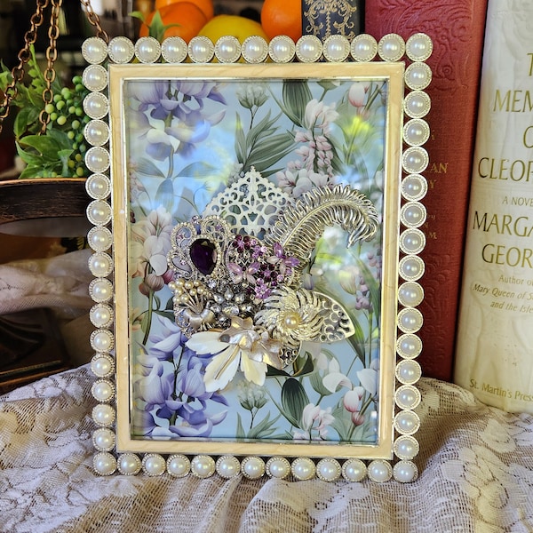 Framed Jewelry Art Purple Silver Handmade Repurposed Vintage Jewelry Edwardian Rhinestones Flowers Pearl Home Decor Purple Butterflies Gifts