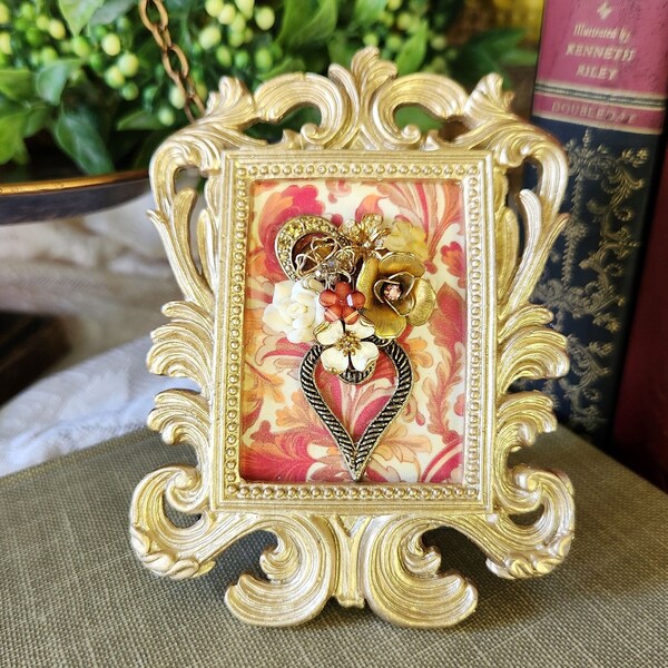 Framed Vintage Jewelry Art Roses Flower Vase Handmade Upcycled Vintage Jewelry Home Decor Interior Accents Gift for Her Gold Ornate Frame