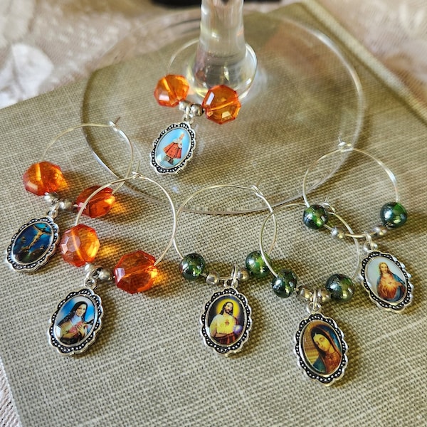 Saints Charms Wine Glass Charms Catholic Saints Religious Repurposed Jewelry Barware Accessories Religious Gift Ideas Gift for Her