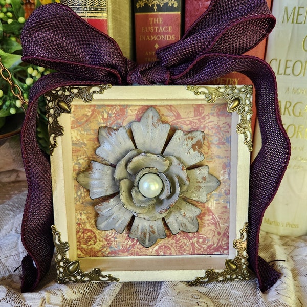 Shadow Box Jewelry Art Handmade Rustic Flower Shabby Chic Pearl Purple Burlap Home Interior Wall Table Decor Gift Idea for Her