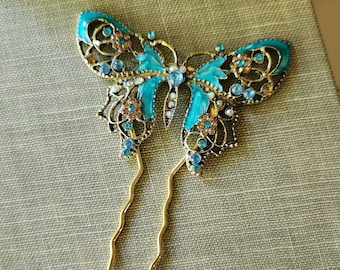 Accessori per forcine per capelli con gioielli a farfalla blu, regalo per spille per capelli con bastoncini di gioielli riproposti fatti a mano per il suo art nouveau