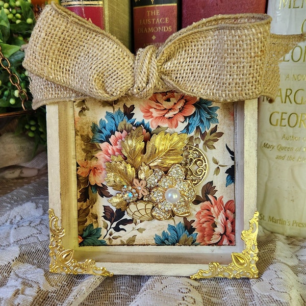 Shadow Box Jewelry Art Handmade Repurposed Vintage Jewelry Burlap Bow Rhinestone Pearl Gold Leaf Floral Home Interior Decor Floral Design