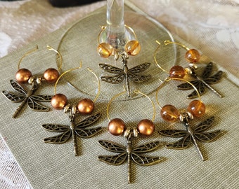 Dragonfly Wine Charms Handmade Repurposed Vintage Jewelry Dinner Party Favor Barware Accessories Insect Lovers Gift Bronze Bugs Charms