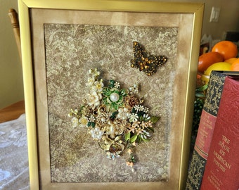 Jewelry Bouquet Framed Art Handmade Repurposed Vintage Jewelry Home Interior Decor Statement Piece Flowers & Butterfly Rhinestones, Pearls