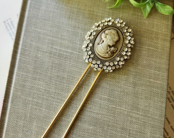 Handmade Victorian Cameo Hair Pins Rhinestone Hair Stick Hair Jewelry Repurposed Jewelry Hair Accessories Gift for Her