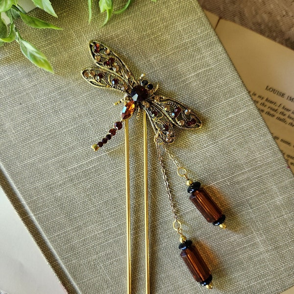 Amber Color Dragonfly Hair Pin Jewelry Handmade Vintage Gold Rhinestone Jewelry Hair Accessories Gift for Her Special Occasion Custom Beauty