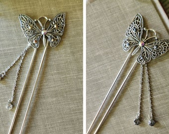 Vintage Silver Butterfly Hair Jewelry Hair Stick Pins Rhinestone Hair Accessories Special Occasion Wedding Hair Handmade Gift Ideas